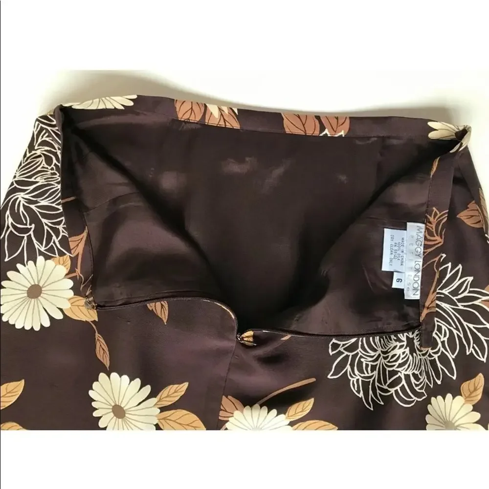 Maggy London 6 Ivory Floral on‎ Brown 100% Silk Skirt PRISTINE